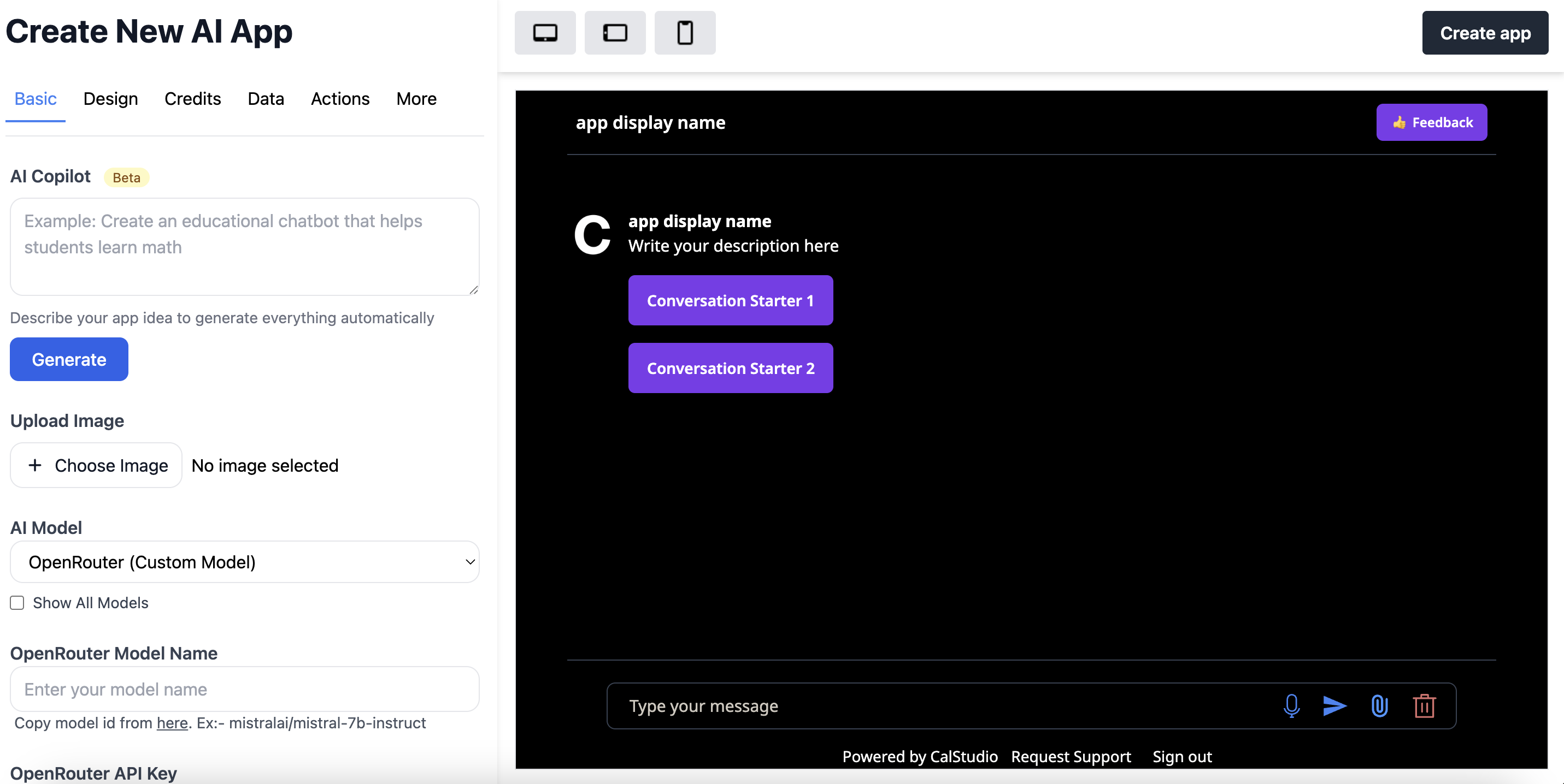 OpenRouter app creation page in CalStudio